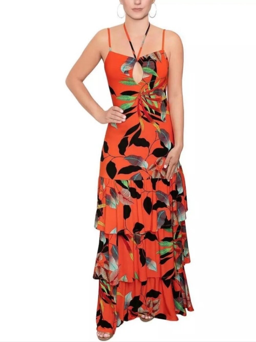 Rachel Roy Amaya Maxi Dress Sunset Vine Tropical Orange Jersey Halter Summer XL - Picture 6 of 8